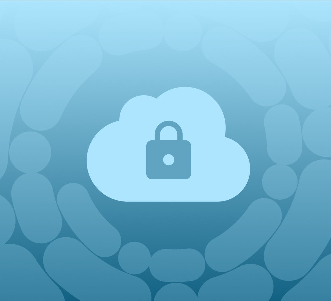 Cloud storage security concept featuring a lock symbol inside a cloud, set against a blue abstract background with subtle bacterial shapes, representing data protection and cybersecurity.