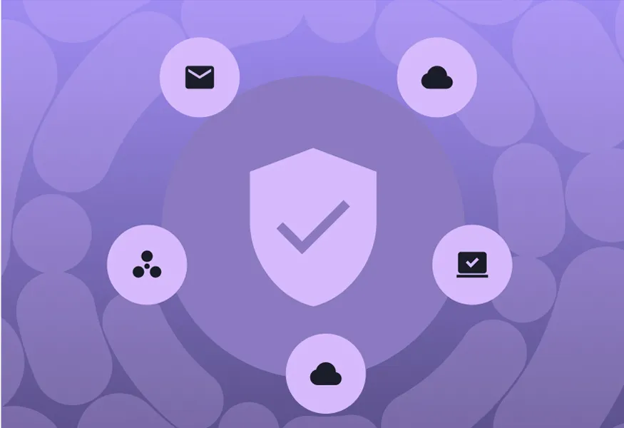 Graphic illustrating digital security concepts with a central shield icon symbolizing protection. Surrounding icons represent email, cloud storage, and data verification, emphasizing comprehensive cybersecurity solutions. Background features a soft purple gradient.