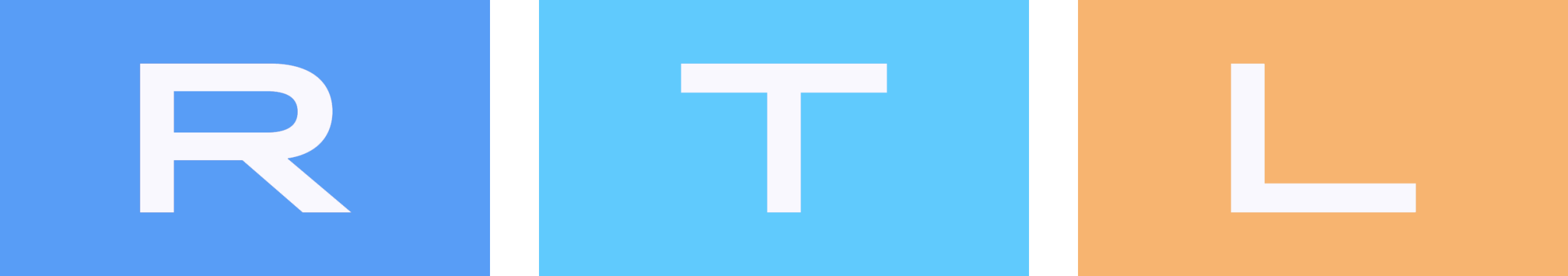 Graphic illustrating the letters "R," "T," and "L" in a colorful design, featuring blue, orange, and black backgrounds, representing concepts related to right-to-left text formatting in digital design.