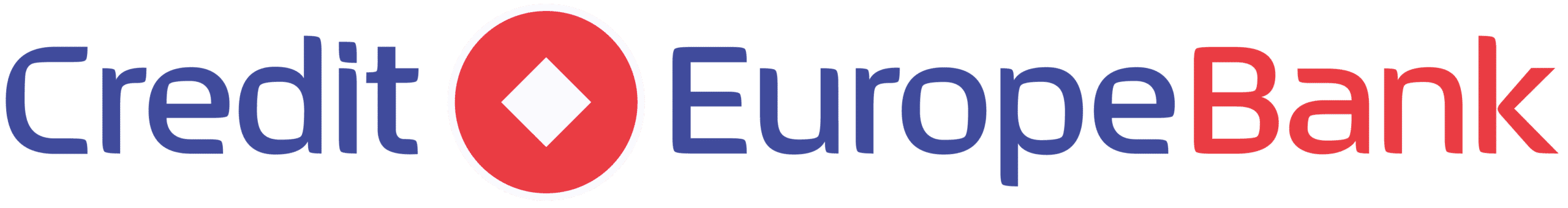 Logo of Credit Europe Bank, featuring a modern design with a red circular emblem and bold text in blue and red, representing the bank's brand identity and financial services.