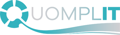 Logo of UOMPLIT featuring a stylized lifebuoy and flowing water design, representing safety and support in maritime activities.